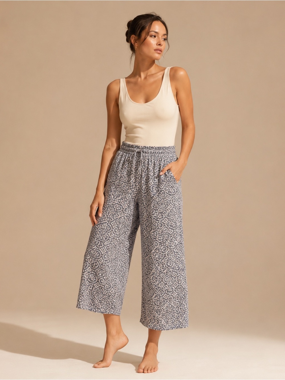 Splendid Blue Printed Wide-Leg Cropped Pants